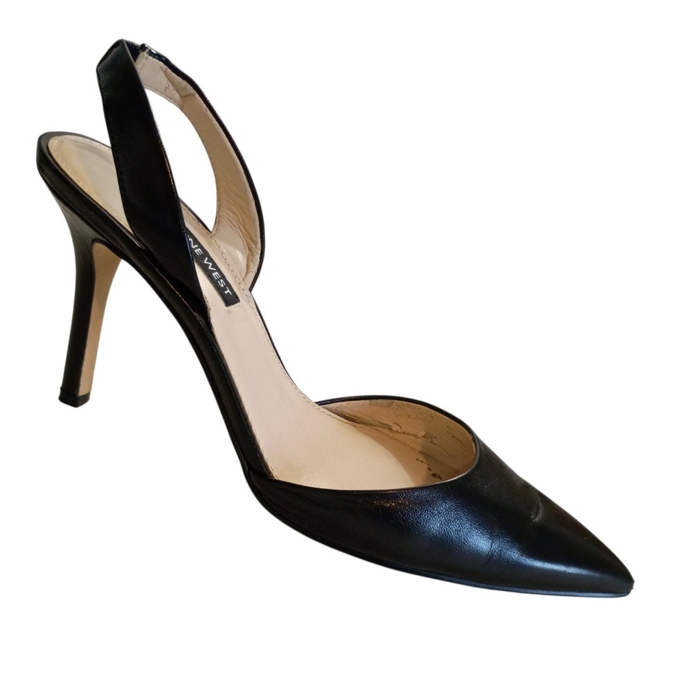 Nine West Black Leather Slingback Pumps Pointed Toe Stiletto Heels dOrsay SZ 9.5